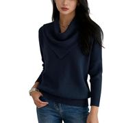 Elegant Retro Soft Triangle Neck Solid Color Sweater Top for Women, Cozy Long Sleeve Knit Pullover for Fall Winter (Navy Blue,M)