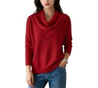 Elegant Retro Soft Triangle Neck Solid Color Sweater Top for Women, Cozy Long Sleeve Knit Pullover for Fall Winter (Red,L)