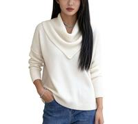 Elegant Retro Soft Triangle Neck Solid Color Sweater Top for Women, Cozy Long Sleeve Knit Pullover for Fall Winter (White,3XL)