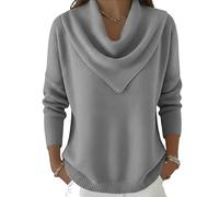 Elegant Retro Soft Triangle Neck Solid Color Sweater Top Vintage Inspired Cozy Knit Top High Neck Long Sleeve Pullover (Gray,S)