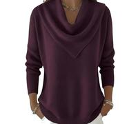 Elegant Retro Soft Triangle Neck Solid Color Sweater Top Vintage Inspired Cozy Knit Top High Neck Long Sleeve Pullover (Purple,L)
