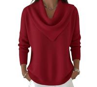 Elegant Retro Soft Triangle Neck Solid Color Sweater Top Vintage Inspired Cozy Knit Top High Neck Long Sleeve Pullover (Red,3XL)