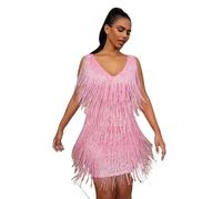 Elegant Sexy Deep V Strapless Tassel Dress Women's Gown Short Wrap Around Skirt High Waist No Sleeve Zipper Closure Commute(Pink,5XL)