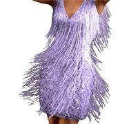 Elegant Sexy Deep V Strapless Tassel Dress Women's Gown Short Wrap Around Skirt High Waist No Sleeve Zipper Closure Commute(Purple,XL)