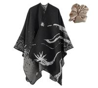 Elegant Shawl Wrap for Women, Printed Blanket Open Front Cardigan Sweater Coat Poncho Cape Fall Winter (Black)