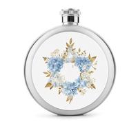 Elegant Star - Petaca de acero inoxidable con diseño botánico dorado de flores azules para licor, botella de vino portátil de bolsillo redondo para bebida, 5 onzas