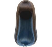 Elegant Straight Wig with Bangs Black and Blue Highlighted Hair Wigs Heat Resistant Fluffy Hair Wigs Synthetic Wig for Women Convenient design