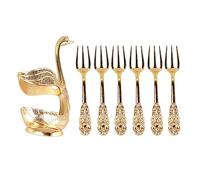 Elegant Swan Coffee Spoon Holder | Mirror Polish Alloy with 6 Spoons/Utensils | Stirrer Holder for Party/Cafe/Office | Rich Detail Design for Tea & Desserts (Gold Holder with Fork)