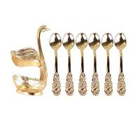 Elegant Swan Coffee Spoon Holder | Mirror Polish Alloy with 6 Spoons/Utensils | Stirrer Holder for Party/Cafe/Office | Rich Detail Design for Tea & Desserts (Gold Holder with Spoon)