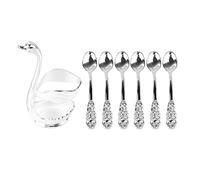 Elegant Swan Coffee Spoon Holder | Mirror Polish Alloy with 6 Spoons/Utensils | Stirrer Holder for Party/Cafe/Office | Rich Detail Design for Tea & Desserts (Silver White Holder with Spoon)