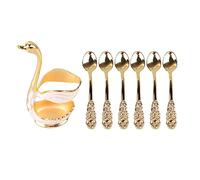 Elegant Swan Coffee Spoon Holder | Mirror Polish Alloy with 6 Spoons/Utensils | Stirrer Holder for Party/Cafe/Office | Rich Detail Design for Tea & Desserts (Gold White Holder with Spoon)