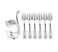 Elegant Swan Coffee Spoon Holder | Mirror Polish Alloy with 6 Spoons/Utensils | Stirrer Holder for Party/Cafe/Office | Rich Detail Design for Tea & Desserts (Silver Holder with Fork)