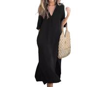 Elegant V-Neck Slit Dress, Cotton and Linen V-Neck Midi Dress, Linen Dresses for Women 2025 (Black,XL)