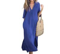 Elegant V-Neck Slit Dress, Cotton and Linen V-Neck Midi Dress, Linen Dresses for Women 2025 (Blue,XXL)