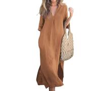 Elegant V-Neck Slit Dress, Cotton and Linen V-Neck Midi Dress, Linen Dresses for Women 2025 (Khaki,XXL)