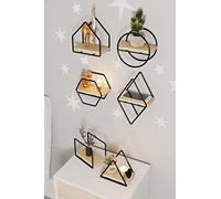 Elegant Wall Shelf Set (6 Pieces), Solid Wood, 15 x 10 x 17 cm | Acabado en Oro y Negro, Soportes de Metal | Solución de Almacenamiento Elegante para el hogar y la Oficina