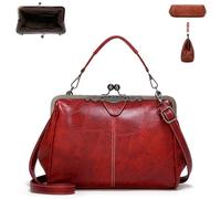 Elegant Waterproof Women's Leather Kiss-Lock Tote Handbag,Oil Wax Vintage Style PU Leather Adjustable Shoulder Crossbody Bag (Burgundy)
