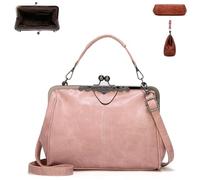 Elegant Waterproof Women's Leather Kiss-Lock Tote Handbag,Oil Wax Vintage Style PU Leather Adjustable Shoulder Crossbody Bag (Pink)