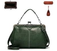 Elegant Waterproof Women's Leather Kiss-Lock Tote Handbag,Oil Wax Vintage Style PU Leather Adjustable Shoulder Crossbody Bag (Green)