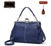 Elegant Waterproof Women's Leather Kiss-Lock Tote Handbag,Oil Wax Vintage Style PU Leather Adjustable Shoulder Crossbody Bag (Blue)