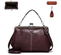 Elegant Waterproof Women's Leather Kiss-Lock Tote Handbag,Oil Wax Vintage Style PU Leather Adjustable Shoulder Crossbody Bag (Coffee)