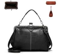 Elegant Waterproof Women's Leather Kiss-Lock Tote Handbag,Oil Wax Vintage Style PU Leather Adjustable Shoulder Crossbody Bag (Black)