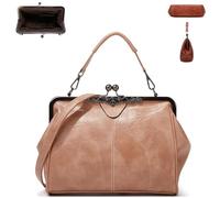 Elegant Waterproof Women's Leather Kiss-Lock Tote Handbag,Oil Wax Vintage Style PU Leather Adjustable Shoulder Crossbody Bag (Apricot)