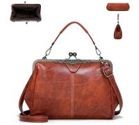 Elegant Waterproof Women's Leather Kiss-Lock Tote Handbag,Oil Wax Vintage Style PU Leather Adjustable Shoulder Crossbody Bag (Brown)