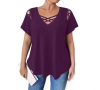 Elegant Women's Plus Size V-Neck Short Sleeve T-Shirt, Solid Color Cross Strap Detail Loose Casual Fashion Top (Purple,XXL)