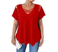 Elegant Women's Plus Size V-Neck Short Sleeve T-Shirt, Solid Color Cross Strap Detail Loose Casual Fashion Top (Red,M)