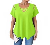 Elegant Women's Plus Size V-Neck Short Sleeve T-Shirt, Solid Color Cross Strap Detail Loose Casual Fashion Top (Green,3XL)