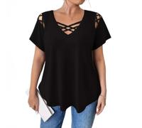 Elegant Women's Plus Size V-Neck Short Sleeve T-Shirt, Solid Color Cross Strap Detail Loose Casual Fashion Top (Black,S)