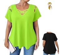 Elegant Women's Plus Size V-Neck Short Sleeve T-Shirt,Solid Color Cross Strap Detail Top,Summer Everyday Casual Fashion Tops (FR/ES, Letras, 5XL, Regular, Regular, Green)