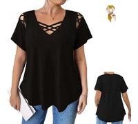 Elegant Women's Plus Size V-Neck Short Sleeve T-Shirt,Solid Color Cross Strap Detail Top,Summer Everyday Casual Fashion Tops (FR/ES, Letras, M, Regular, Regular, Black)