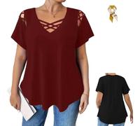 Elegant Women's Plus Size V-Neck Short Sleeve T-Shirt,Solid Color Cross Strap Detail Top,Summer Everyday Casual Fashion Tops (FR/ES, Letras, XXL, Regular, Regular, Burgundy)