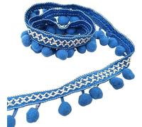 Elegante adorno de flecos y borlas con cuentas, cinta decorativa de encaje con pompones de 1m for manualidades, cortinas y pantallas de lámparas(Blu)