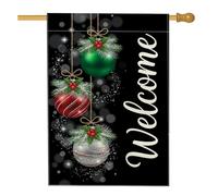 Elegante adorno de Navidad, adornos de bienvenida, bandera de casa, 28 x 40 | Guión de bienvenida cursivo, bandera de césped, bolas colgantes, detalles de aguja de pino, decoración de entrada de