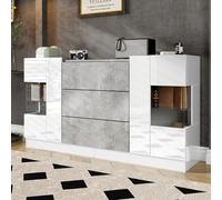 Elegante aparador con 2 puertas y 3 cajones - Frentes blancas de alto brillo y aspecto de mármol gris, iluminación LED con 16 colores, 140x35x75cm