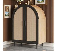 Elegante aparador con función de zapatero, moderno armario de almacenamiento con puertas de ratán caladas, 3 estantes y esquinas redondeadas (mueble multifunción para pasillo/sala de estar)