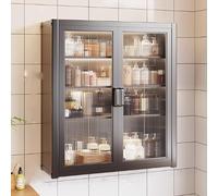 Elegante armario de baño montado en la pared con puertas dobles de cristal, 4 estantes ajustables, solución de almacenamiento que ahorra espacio para el hogar, oficina, restaurante y sala de estar