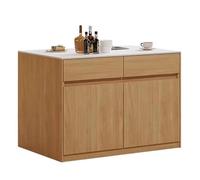 Elegante armario de isla de cocina pequeño con parte superior de piedra, almacenamiento de madera y estantes, perfecto para cocinas modernas (marrón)