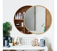 Elegante armario redondo con espejo de baño de 60 cm, organizador de almacenamiento montado en la pared para encima del inodoro, ideal para baño, dormitorio y sala de estar (marrón)