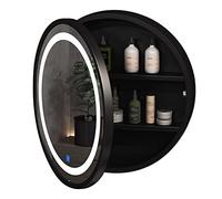 Elegante armario redondo negro con espejo de baño con estante de almacenamiento para tocador de pared de 50 cm, perfecto para decoración moderna del hogar y soluciones de ahorro de espacio.