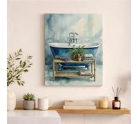 Elegante arte de pared de baño azul, decoración de plantas de acuarela, impresión estética acogedora en lienzo para baño, sala de estar, dormitorio, decoración del hogar, 16 x 20 pulgadas