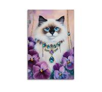 Elegante arte floral vintage para pared, diseño de gato, joyería de flores moradas, póster de cuadros colgantes felinos, decoración estética morada para el hogar, mujeres, dormitorio, áreas, 16 x 24