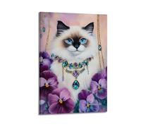 Elegante arte floral vintage para pared, diseño de gato, joyería de flores moradas, póster de cuadros colgantes felinos, decoración estética morada para el hogar, mujeres, dormitorios, áreas de 20 x