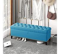 Elegante banco de almacenamiento de terciopelo azul de lujo con botones, 31 x 16 x 18 pulgadas, perfecto para final de cama, solución de almacenamiento elegante para sala de estar y dormitorio