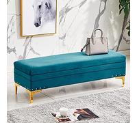 Elegante banco de almacenamiento de terciopelo moderno puf con reposapiés y cambiador de zapatos para sala de estar y entrada, elegante mueble tapizado en azul, 80 x 40 x 40 cm
