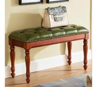 Elegante banco de cuero con patas de madera maciza, estilo francés vintage, diseño elegante con botones para sala de estar, dormitorio, entrada, elegante acento decorativo para el hogar