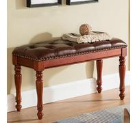 Elegante banco de cuero estilo francés vintage con patas de madera maciza, diseño con botones, asiento elegante para sala de estar, dormitorio, entrada o pasillo